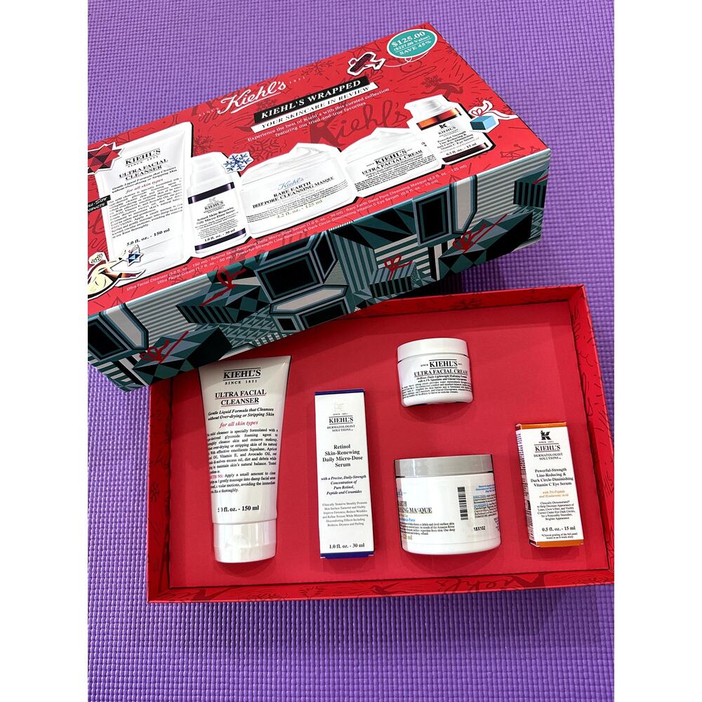 New $227 Kiehl's Skincare 5 Full Size Products: cleanser, cream, masque, serum